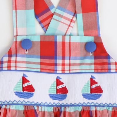 Smocked Sailboats Dress - Red, Blue, & Turquoise Plaid - Stellybelly