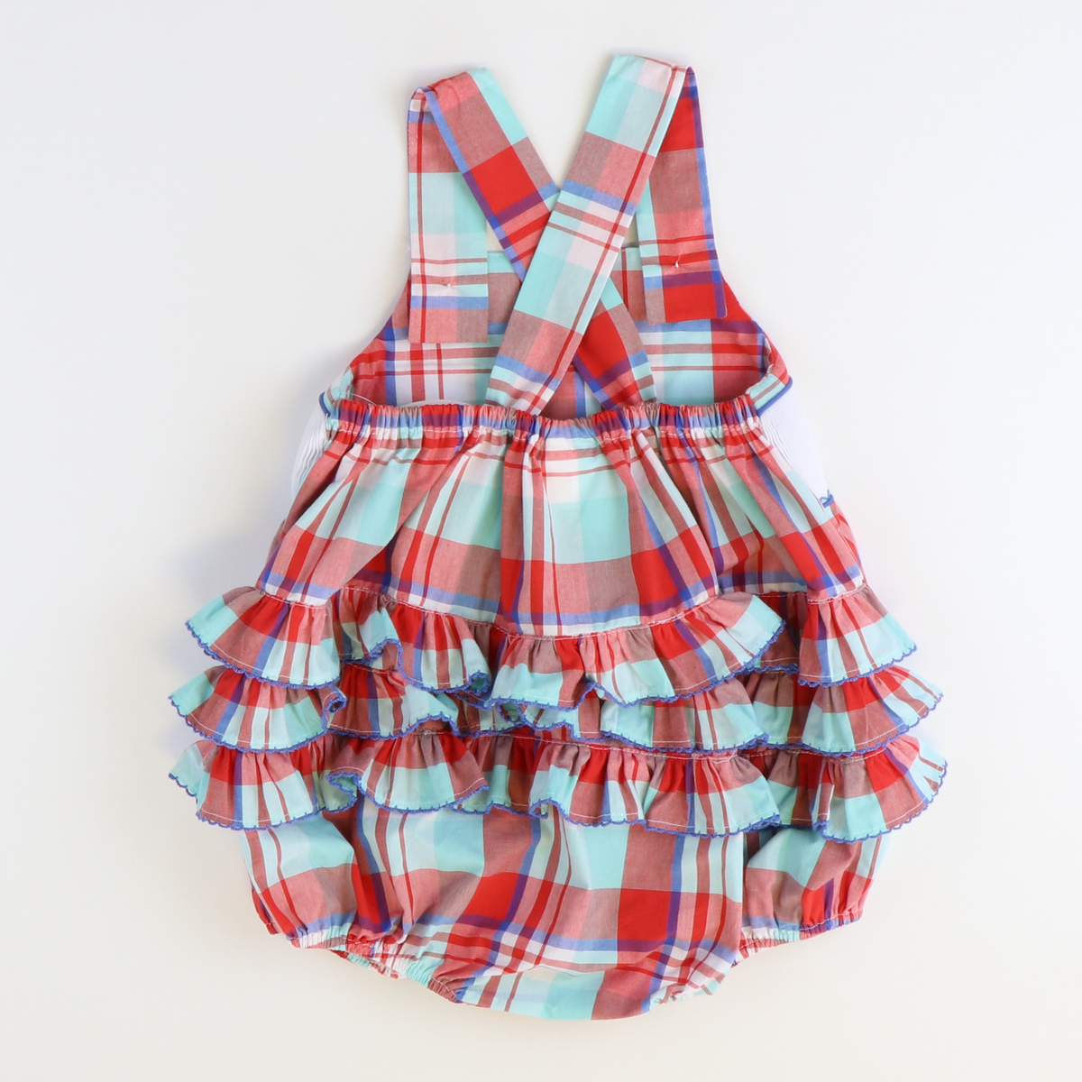 Smocked Sailboats Girl Bubble - Red, Blue, & Turquoise Plaid - Stellybelly