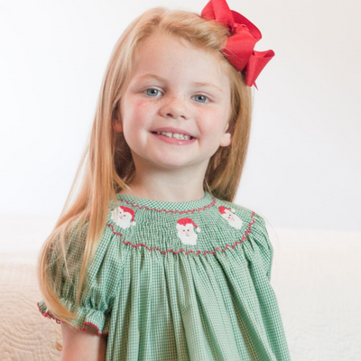 Smocked Santa Faces Bishop - Christmas Green Mini-Gingham