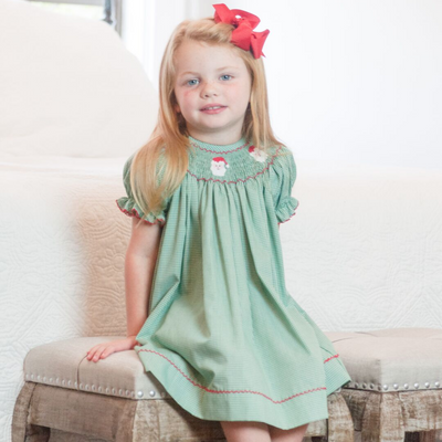 Smocked Santa Faces Bishop - Christmas Green Mini-Gingham