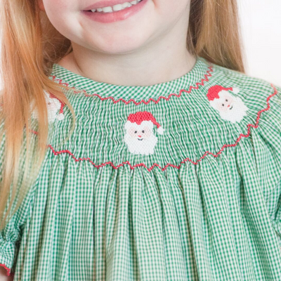 Smocked Santa Faces Bishop - Christmas Green Mini-Gingham