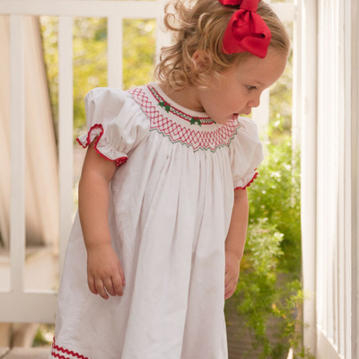 Smocked Christmas Holly Geo Bishop - White Corduroy