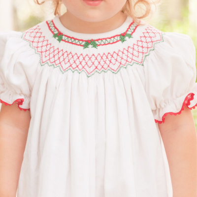 Smocked Christmas Holly Geo Bishop - White Corduroy