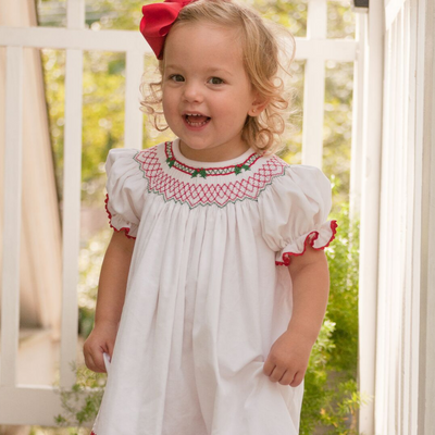 Smocked Christmas Holly Geo Bishop - White Corduroy