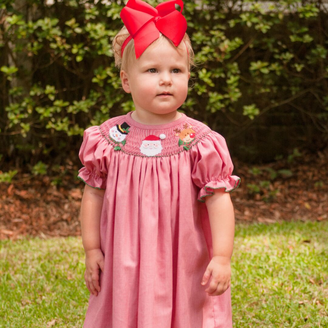 Smocked Christmas Friends Bishop - Red Micro-Gingham