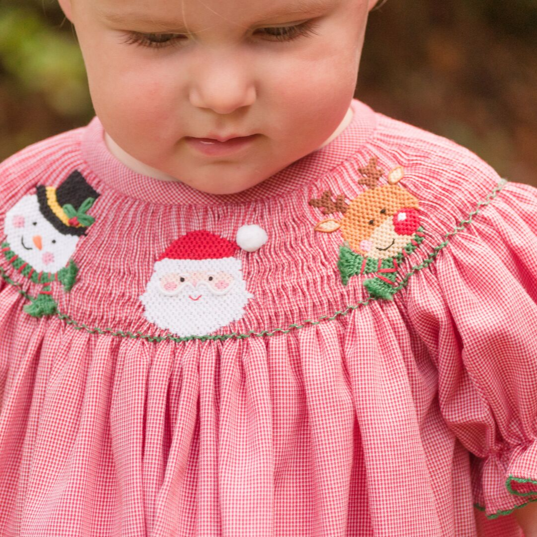 Smocked Christmas Friends Bishop - Red Micro-Gingham