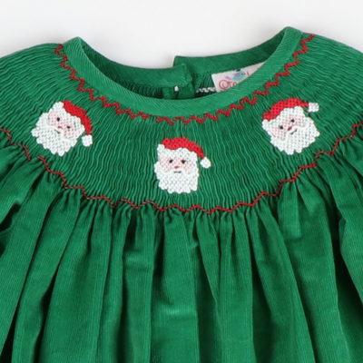 Smocked Santa Faces Long Sleeve Bishop - Christmas Green Corduroy