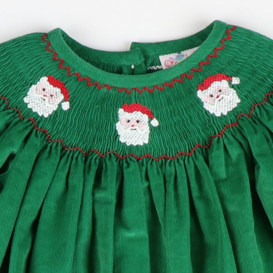 Smocked Santa Faces Long Sleeve Girl Long Bubble - Christmas Green Corduroy