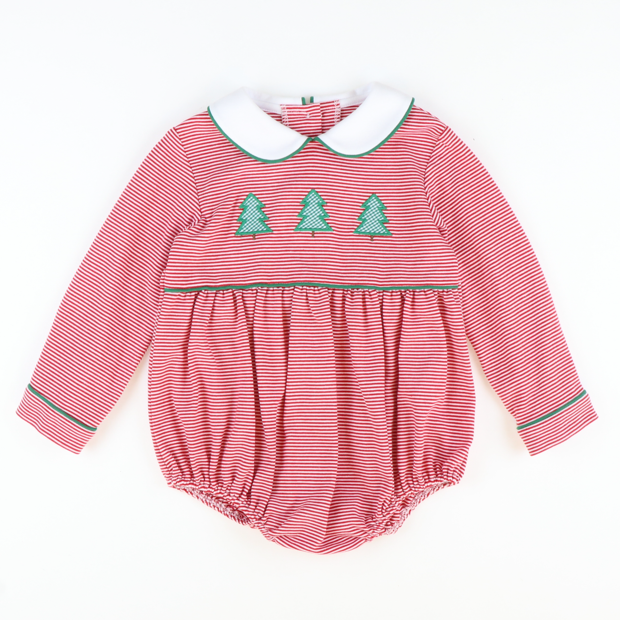 Appliquéd Christmas Trees Boy Bubble - Red Stripe Knit