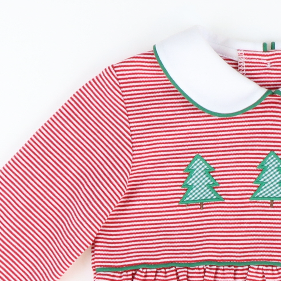 Appliquéd Christmas Trees Boy Bubble - Red Stripe Knit