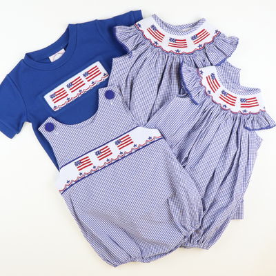 Smocked Patriotic Flags Girl Bubble - Royal Blue Check
