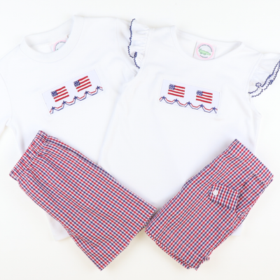 Smocked Liberty Short Sleeve White Knit Shirt