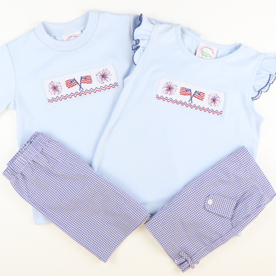 Smocked Flags and Fireworks Short Sleeve Light Blue Knit Shirt