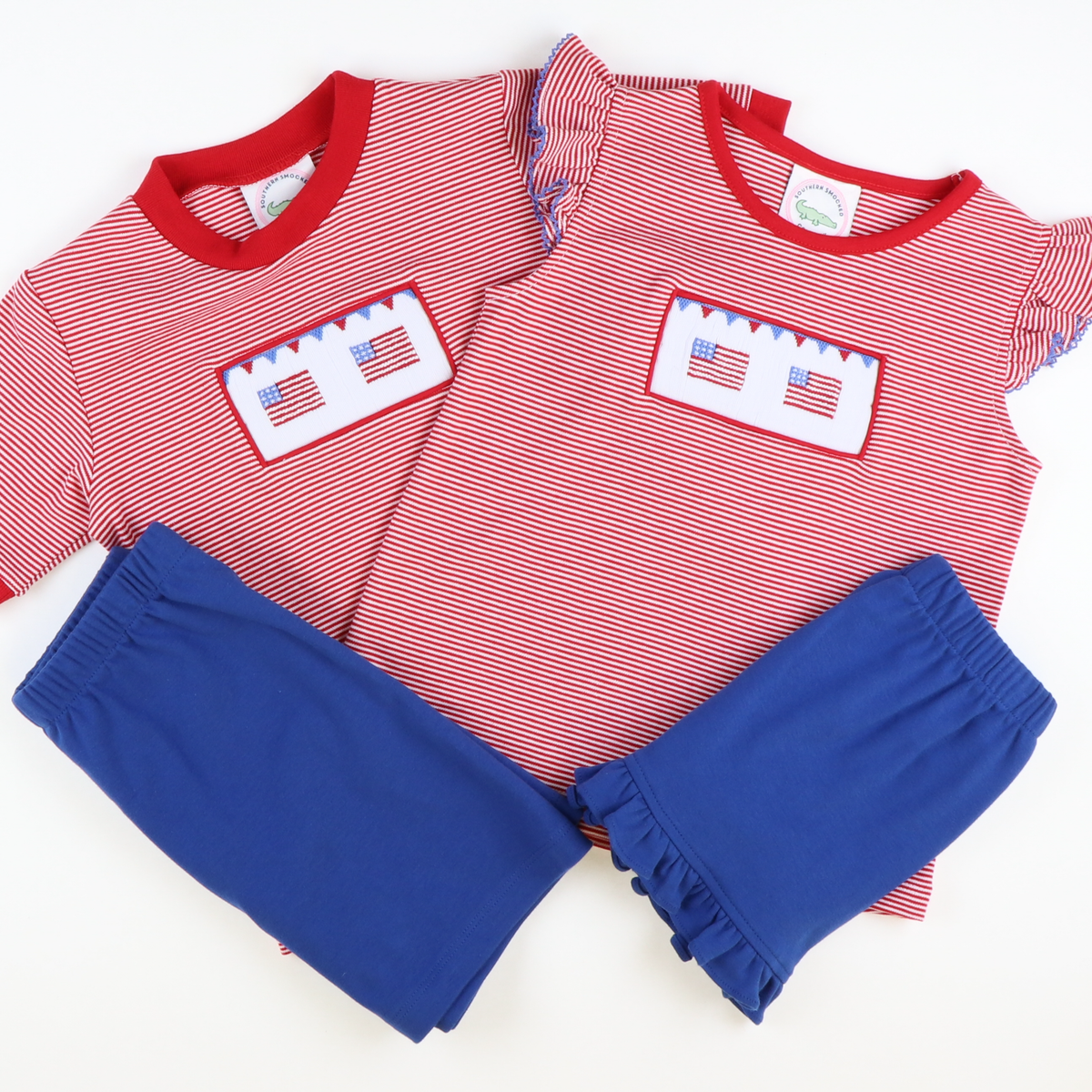 Smocked Stars and Stripes Knit Top and Ruffle Shorts Set