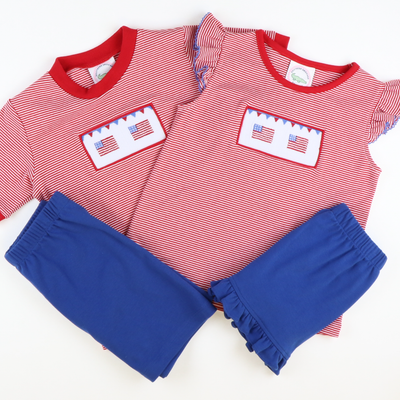 Smocked Stars and Stripes Knit Top and Ruffle Shorts Set