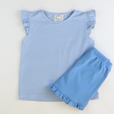 Out & About Ruffle Shorts - Party Blue Knit