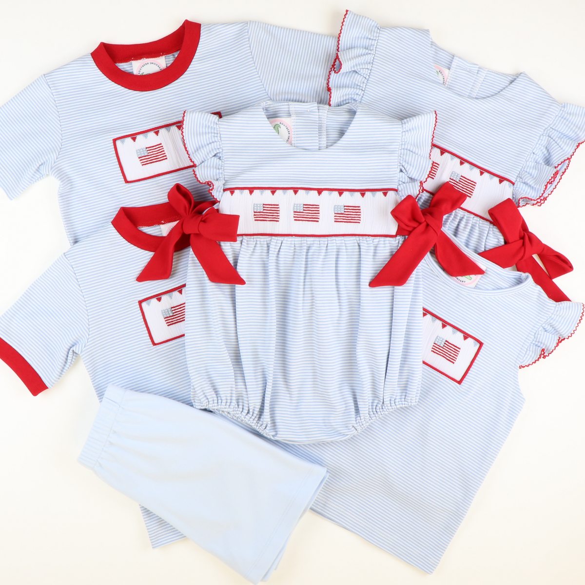 Smocked Fourth of July Parade Dress - Light Blue Stripe Knit