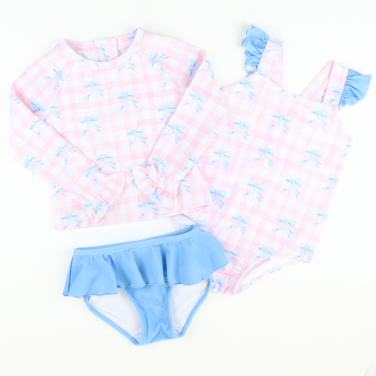 Blue Bows & Pink Check One-Piece Swimsuit