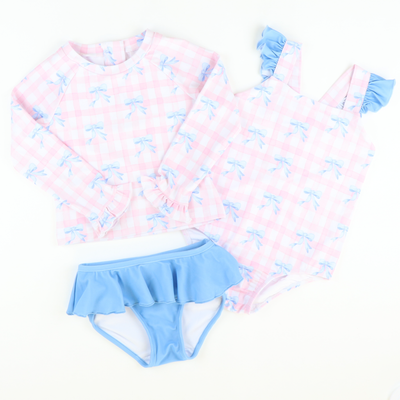 Blue Bows & Pink Check One-Piece Swimsuit