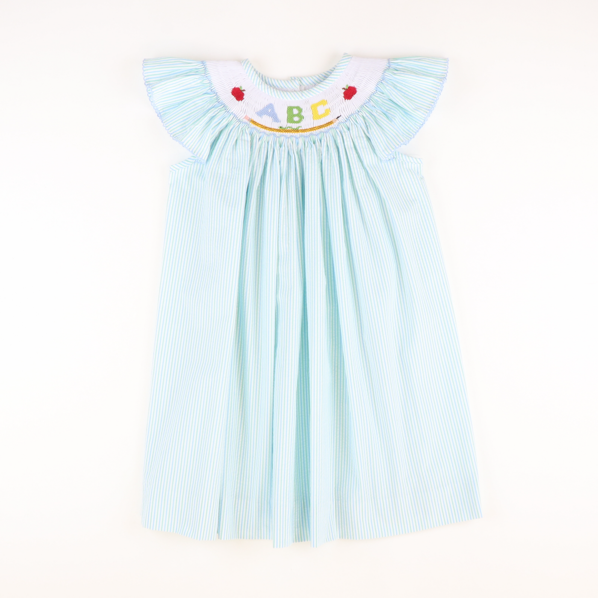 Smocked ABC & Apples Bishop - Mint & Light Blue Stripe Seersucker - Stellybelly