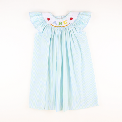 Smocked ABC & Apples Bishop - Mint & Light Blue Stripe Seersucker - Stellybelly
