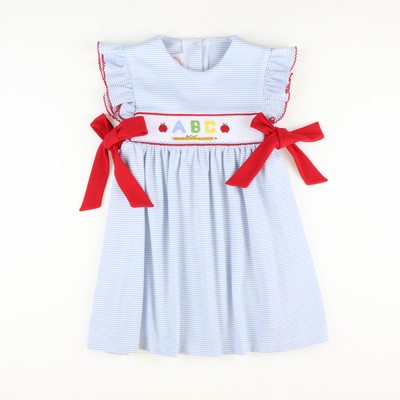 Smocked ABC & Apples Dress - Light Blue Stripe Knit - Stellybelly