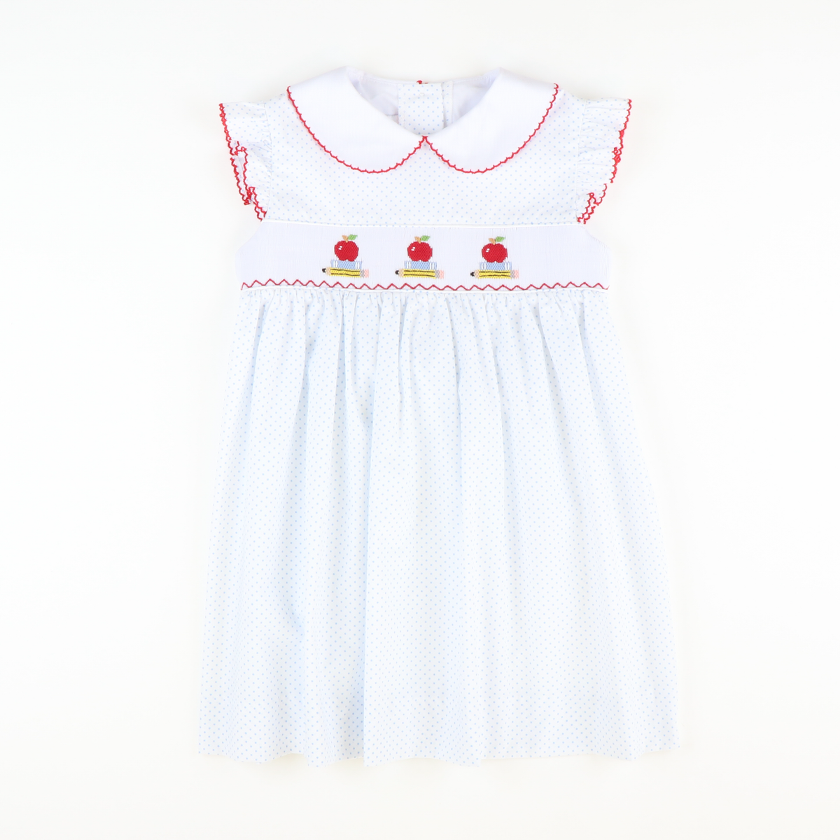 Smocked Apples & Books Collared Dress - White & Light Blue Tiny Dot - Stellybelly