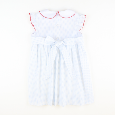 Smocked Apples & Books Collared Dress - White & Light Blue Tiny Dot - Stellybelly