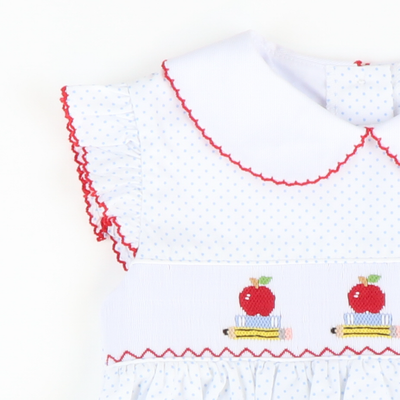 Smocked Apples & Books Collared Dress - White & Light Blue Tiny Dot - Stellybelly