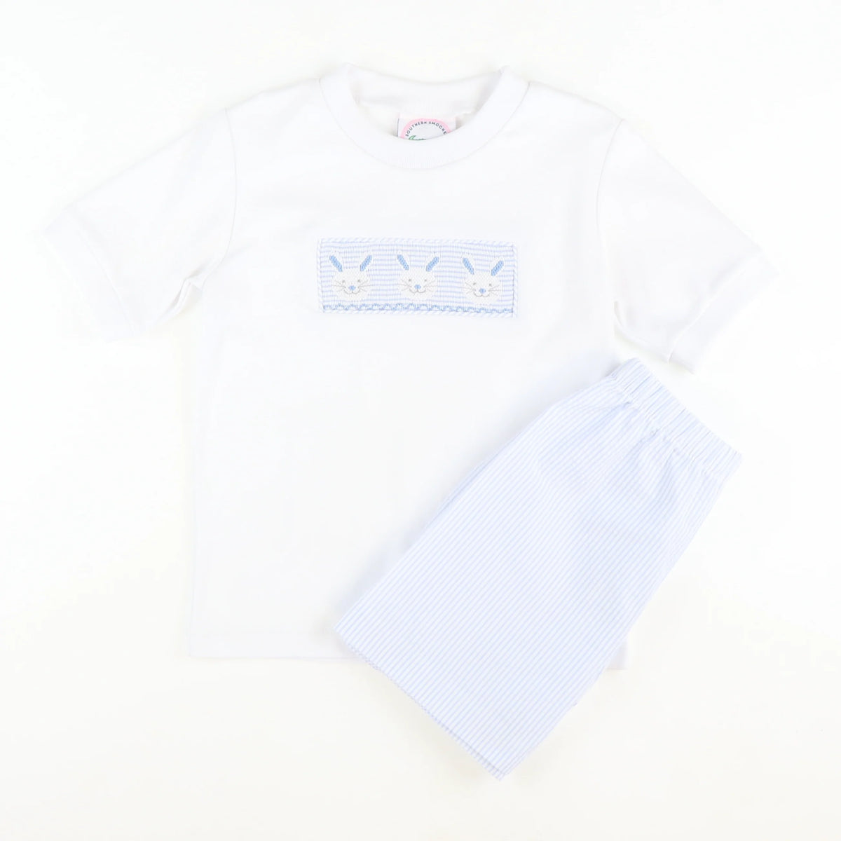 Smocked Bunny Face Shirt & Shorts Set - Light Blue Stripe Seersucker - Stellybelly