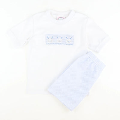 Smocked Bunny Face Shirt & Shorts Set - Light Blue Stripe Seersucker - Stellybelly