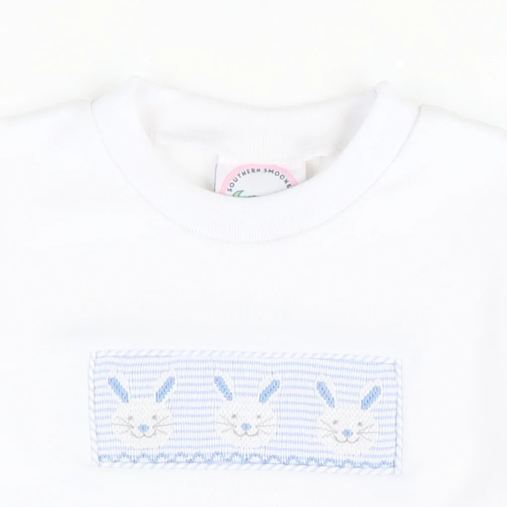 Smocked Bunny Face Shirt & Shorts Set - Light Blue Stripe Seersucker - Stellybelly