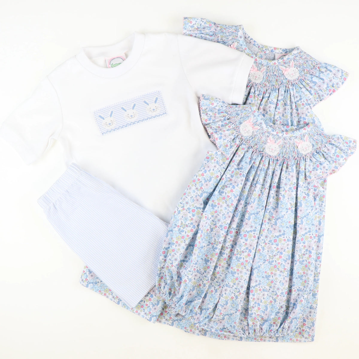 Smocked Bunny Face Shirt & Shorts Set - Light Blue Stripe Seersucker - Stellybelly