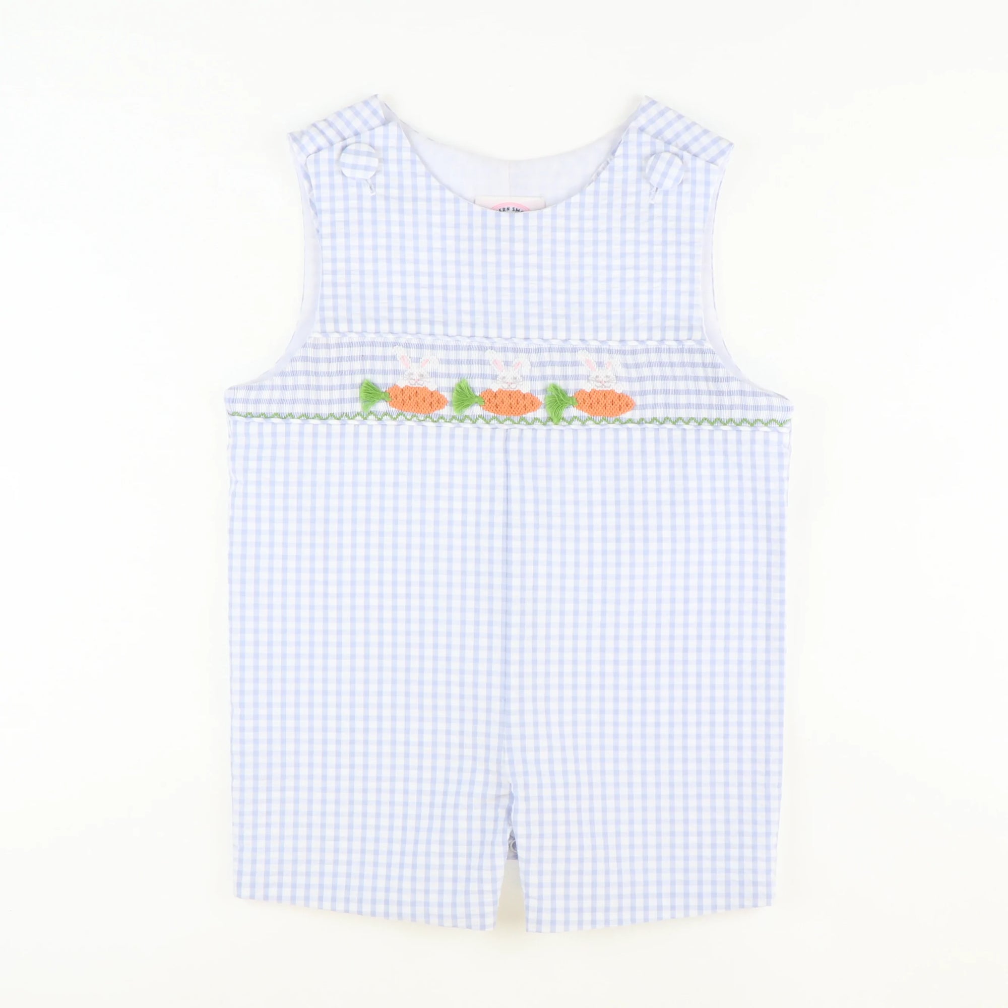 Smocked Bunnies & Carrots Shortall - Light Blue Check Seersucker - Stellybelly