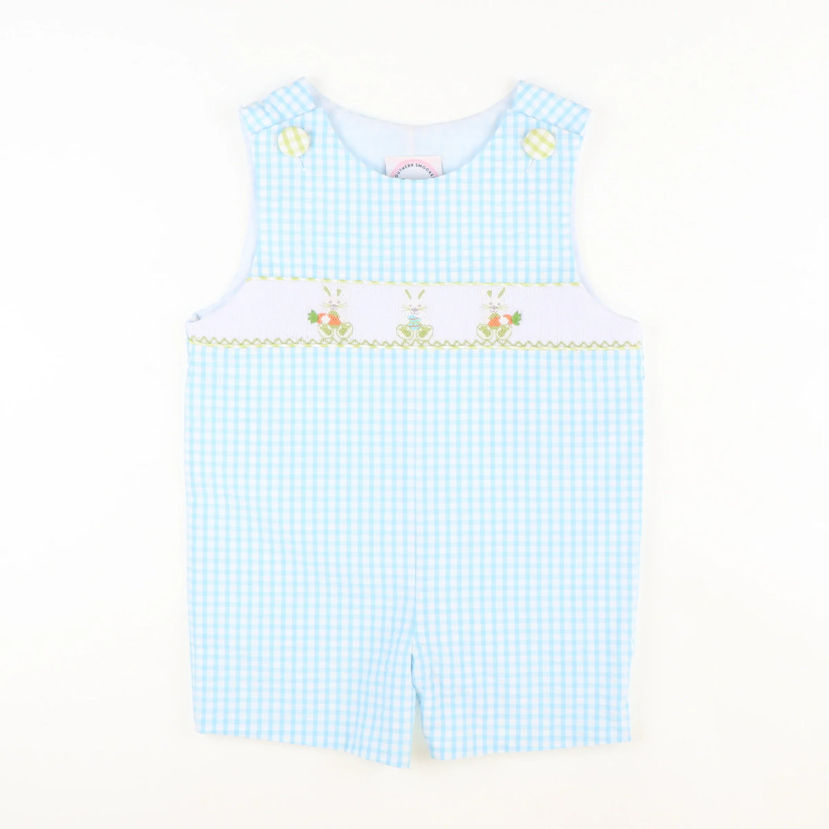 Smocked Easter Bunny Shortall - Sky Check Seersucker - Stellybelly