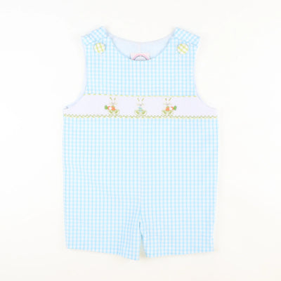 Smocked Easter Bunny Shortall - Sky Check Seersucker - Stellybelly