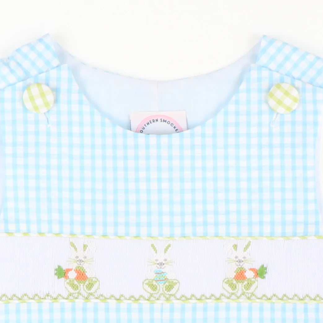 Smocked Easter Bunny Shortall - Sky Check Seersucker - Stellybelly