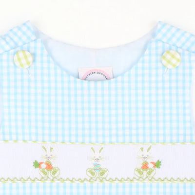 Smocked Easter Bunny Shortall - Sky Check Seersucker - Stellybelly