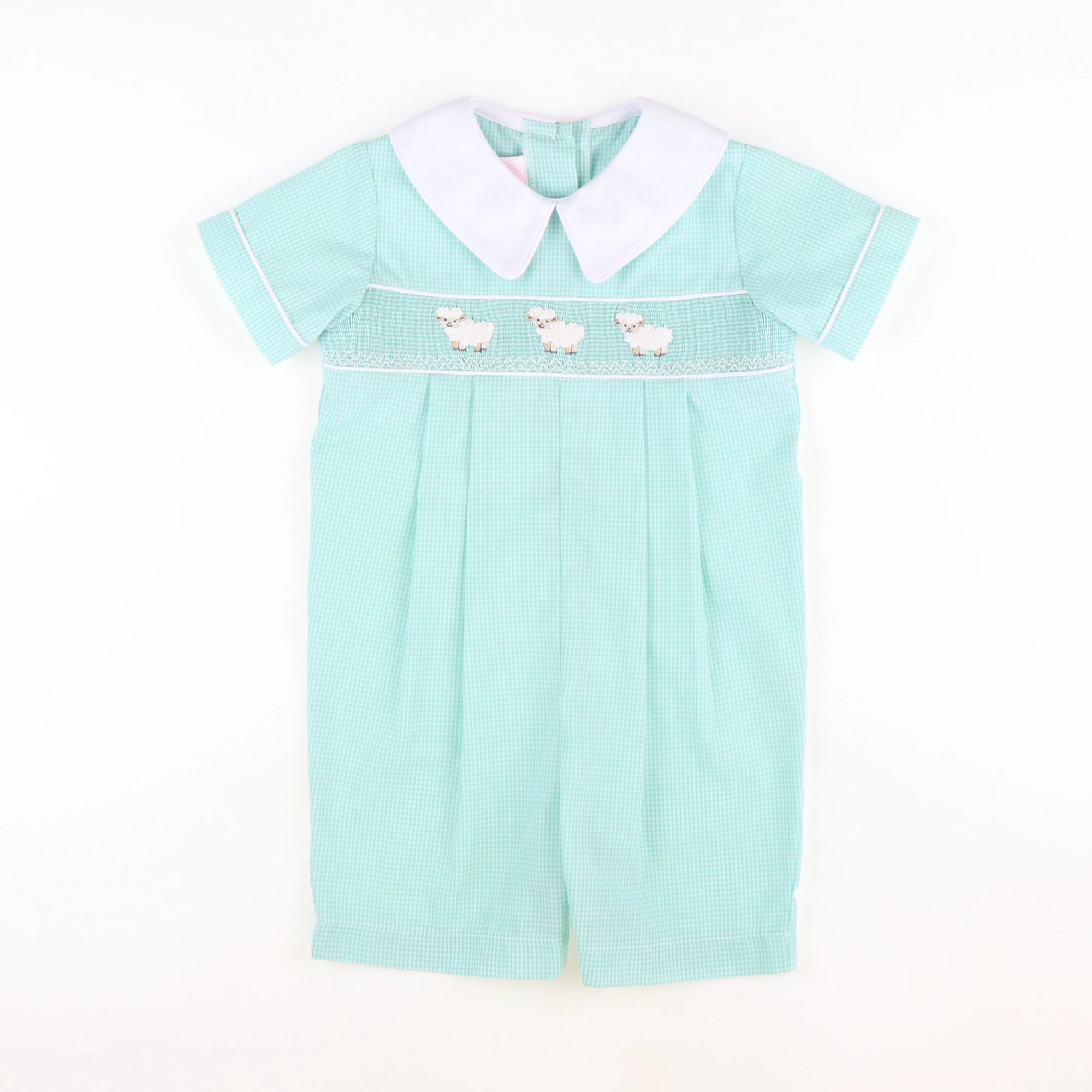 Smocked Little Lamb Collared Boy Romper - Mint Mini Gingham - Stellybelly