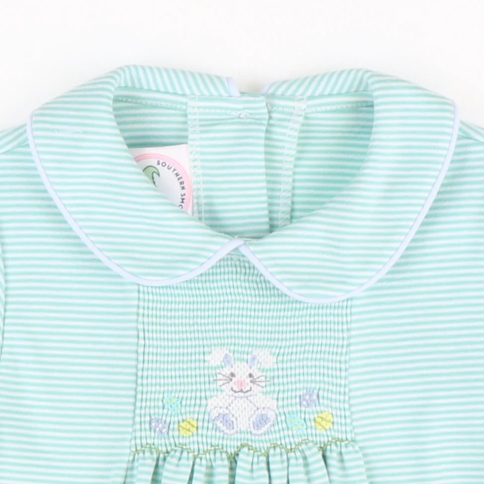 Smocked Easter Egg Hunt Collared Boy Bubble - Aqua Stripe Knit - Stellybelly
