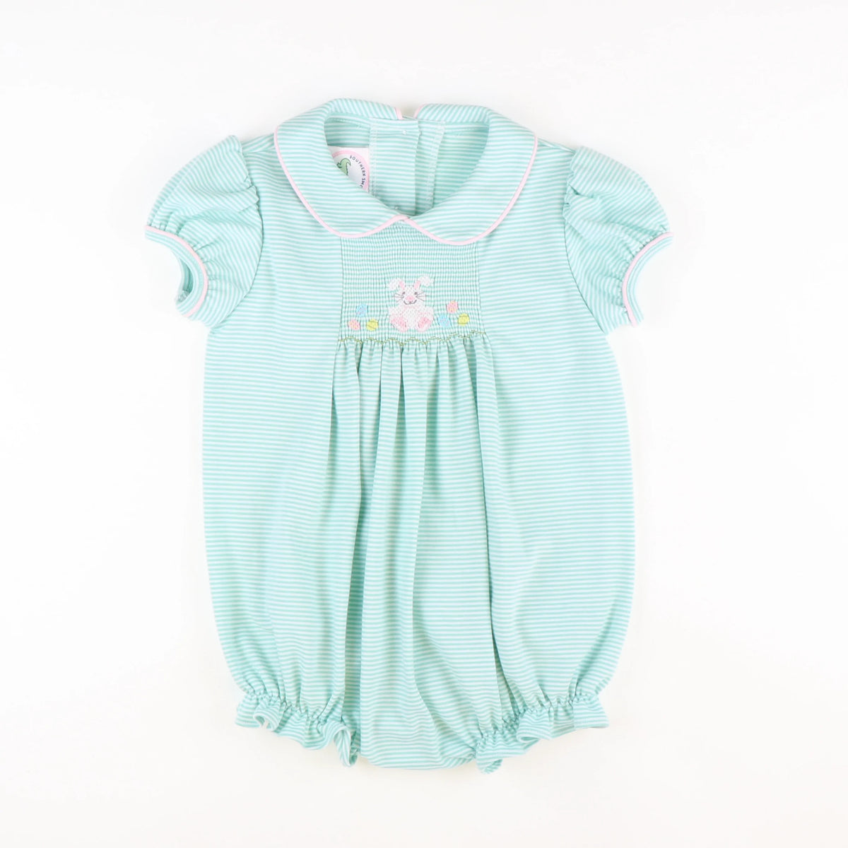 Smocked Easter Egg Hunt Collared Girl Bubble - Aqua Stripe Knit - Stellybelly