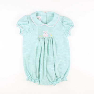 Smocked Easter Egg Hunt Collared Girl Bubble - Aqua Stripe Knit - Stellybelly