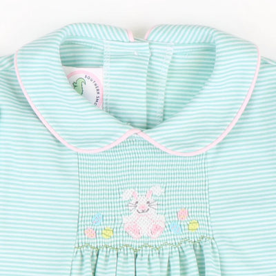 Smocked Easter Egg Hunt Collared Girl Bubble - Aqua Stripe Knit - Stellybelly