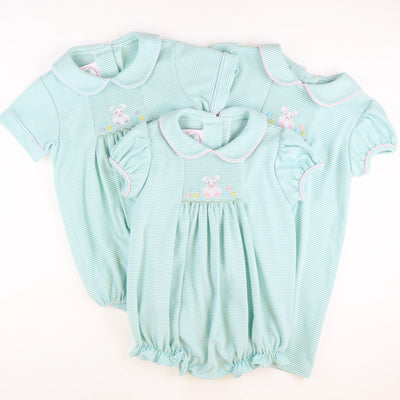 Smocked Easter Egg Hunt Collared Girl Bubble - Aqua Stripe Knit - Stellybelly