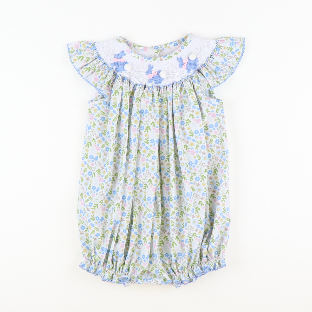 Smocked Silhouette Light Blue Rabbits Girl Bubble - Garden Floral - Stellybelly