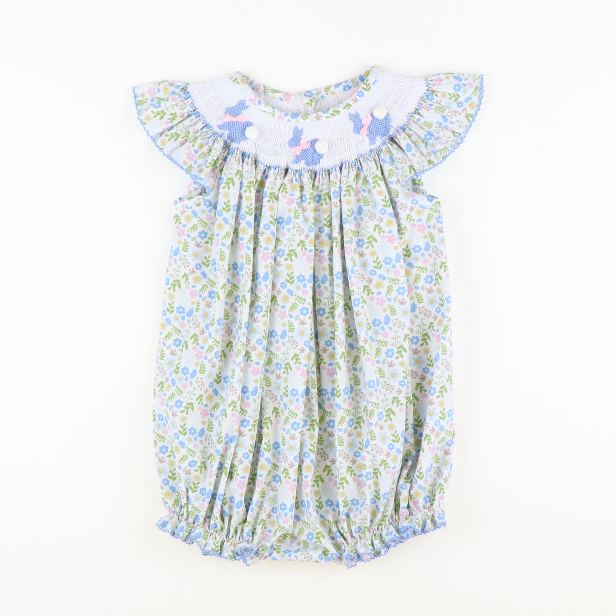 Smocked Silhouette Light Blue Rabbits Girl Bubble - Garden Floral - Stellybelly