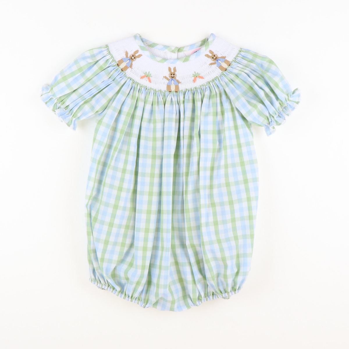 Smocked Classic Storybook Rabbits Girl Bubble - Blue & Green Plaid - Stellybelly
