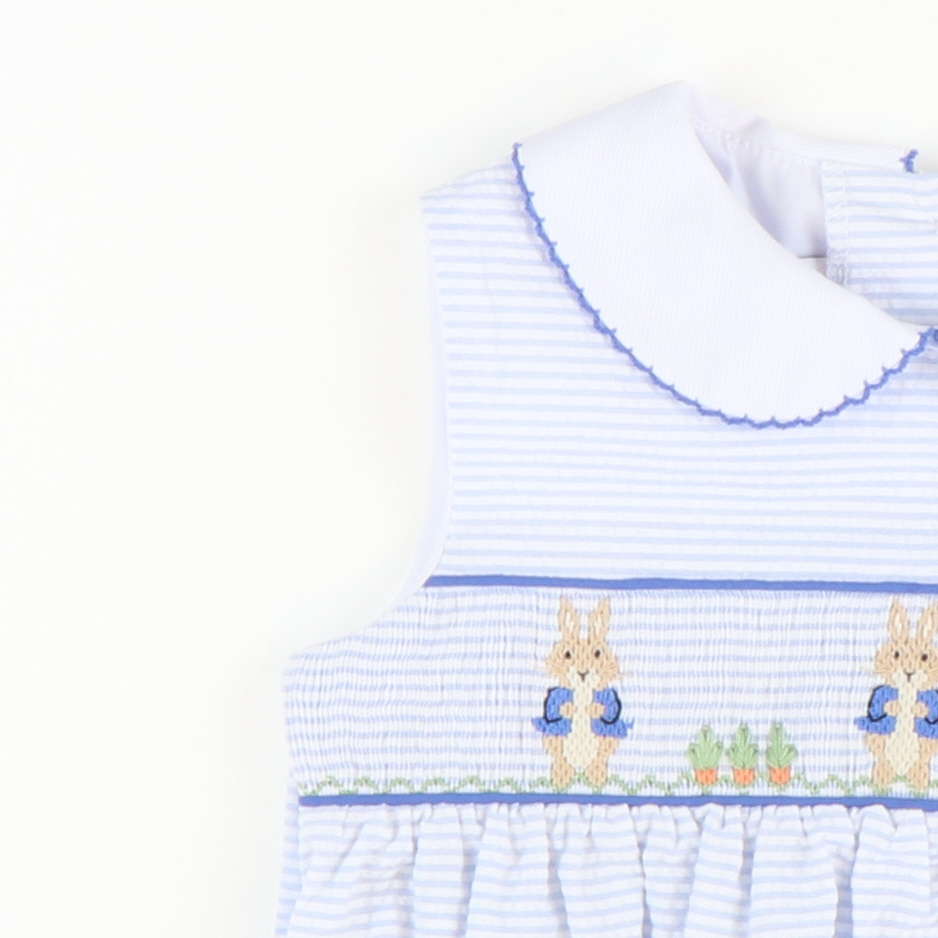 Smocked Storybook Rabbits Collared Dress - Light Blue Stripe Seersucker