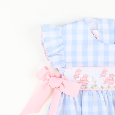 Smocked Silhouette Bunnies Dress - Light Blue Wide Check