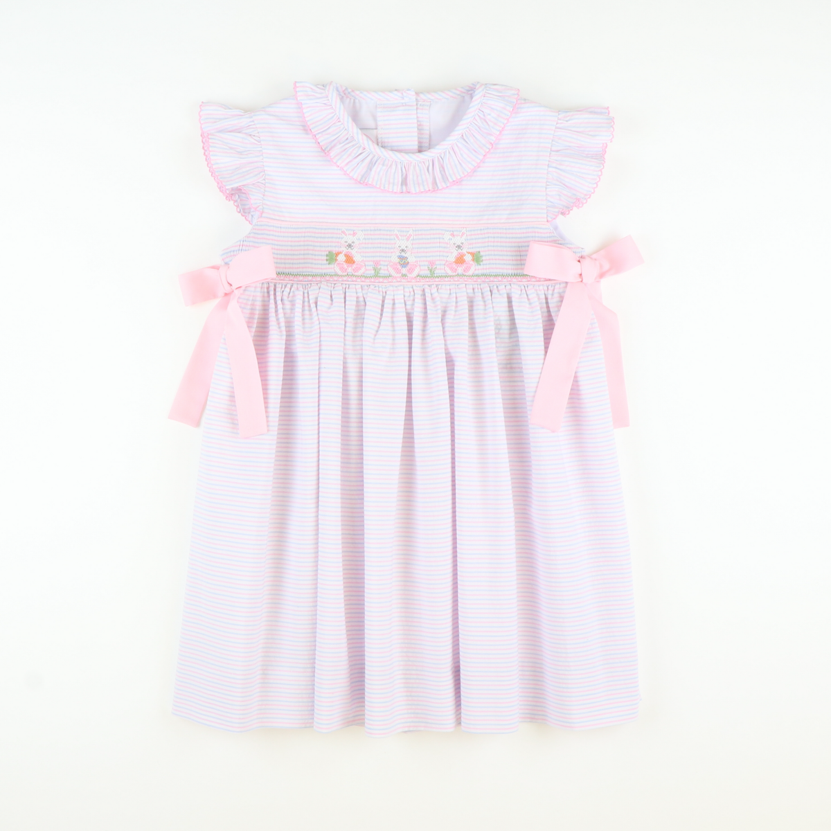 Smocked Easter Bunnies Dress - Blue & Pink Stripe Seersucker